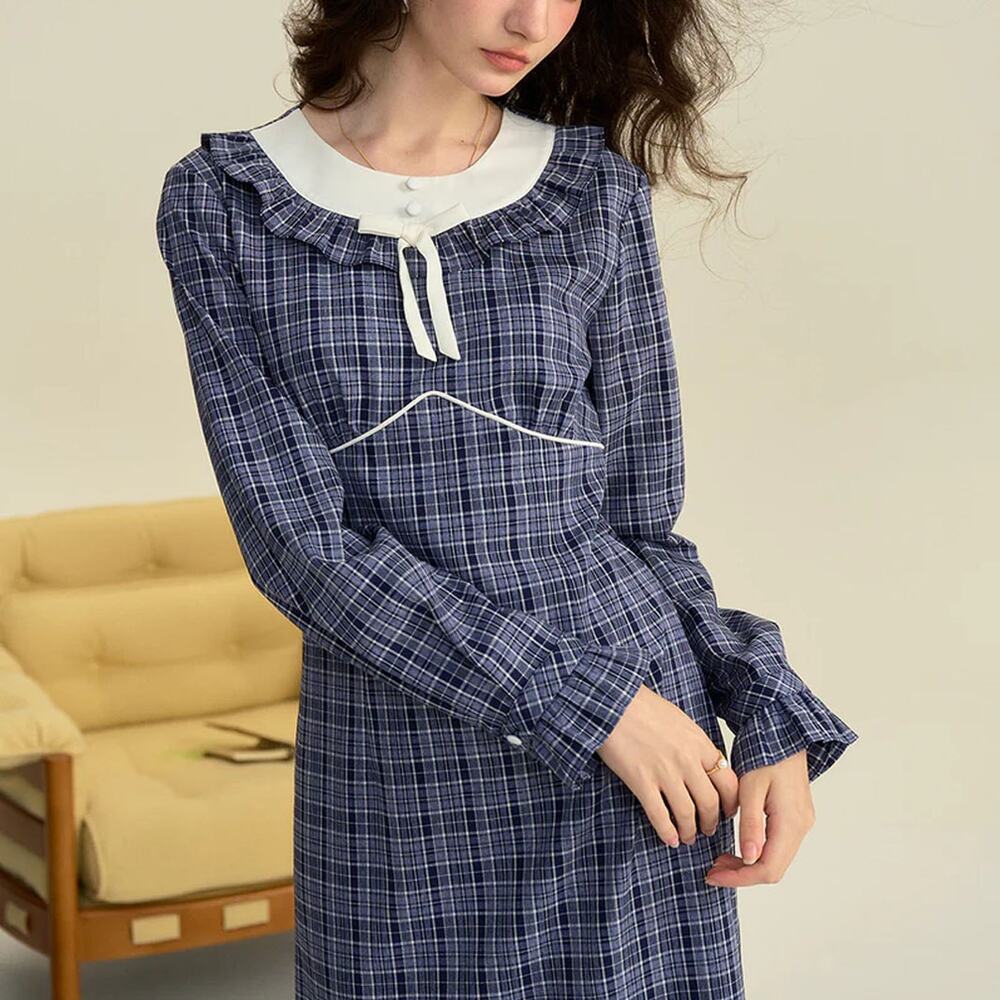 Simple Retro Whitney Round Neck Tie Bow Collision Blue Check Dress Sz Medium